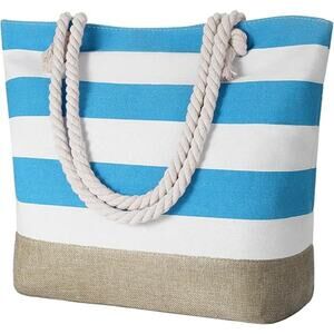 New Tavaleu Blue White Stripe Polyester Canvas Rope Handle Zip Shut Tote Bag